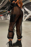 Schwarze, sexy, lässige, solide, durchsichtige Patchwork-Hose mit normaler hoher Taille