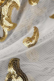 Gold Sexy bestickte Pailletten Patchwork Kleider mit schrägem Kragen