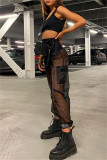 Zwarte sexy casual effen patchwork doorschijnende normale broek met hoge taille