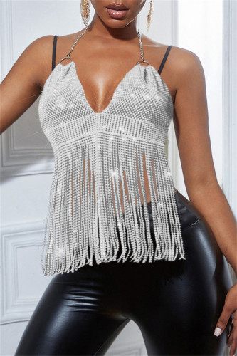 White Fashion Sexy Patchwork Tassel Backless Halter Tops