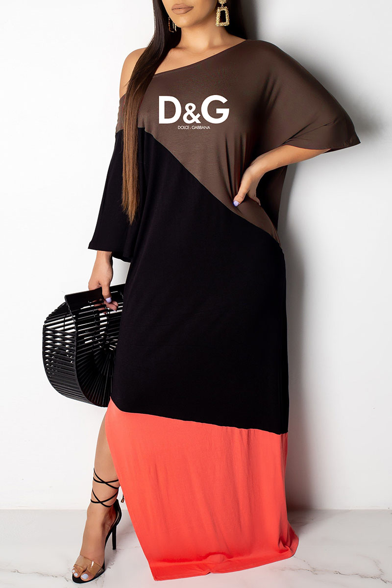 

Orange Fashion Casual Letter Split Joint O Neck Irregular Dress Dresses