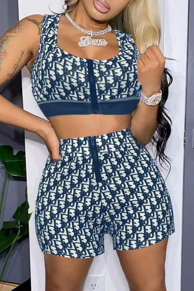 

Navy Fashion Casual Print Letter U Neck Sleeveless Two Pieces