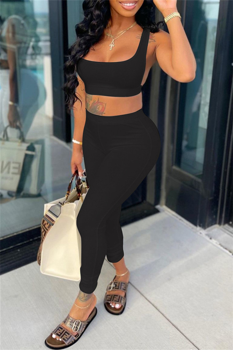 

Black Sexy Casual Solid Vests Pants U Neck Sleeveless Two Pieces