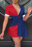 Красное модное повседневное лоскутное асимметричное платье с отложным воротником и коротким рукавом
