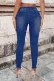 Глубокие синие модные повседневные однотонные рваные джинсы скинни с высокой талией
