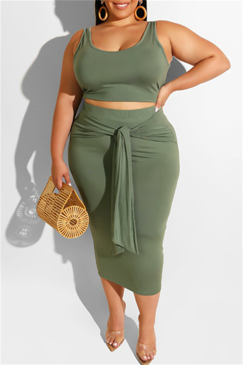 

Green Sexy Casual Solid Bandage O Neck Plus Size Two Pieces