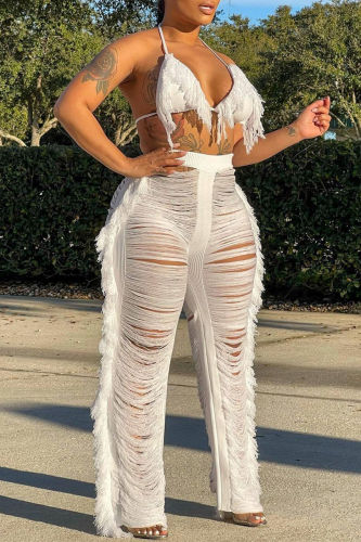White Sexy Solid Tassel Ripped Bandage Backless Halter Sleeveless Two Pieces