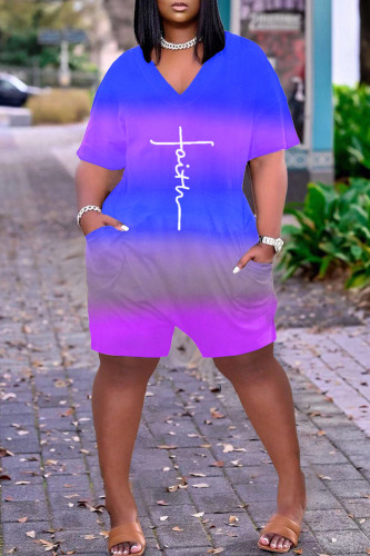 Blue Fashion Casual Print Basic V Neck Short Sleeve Regular Romper