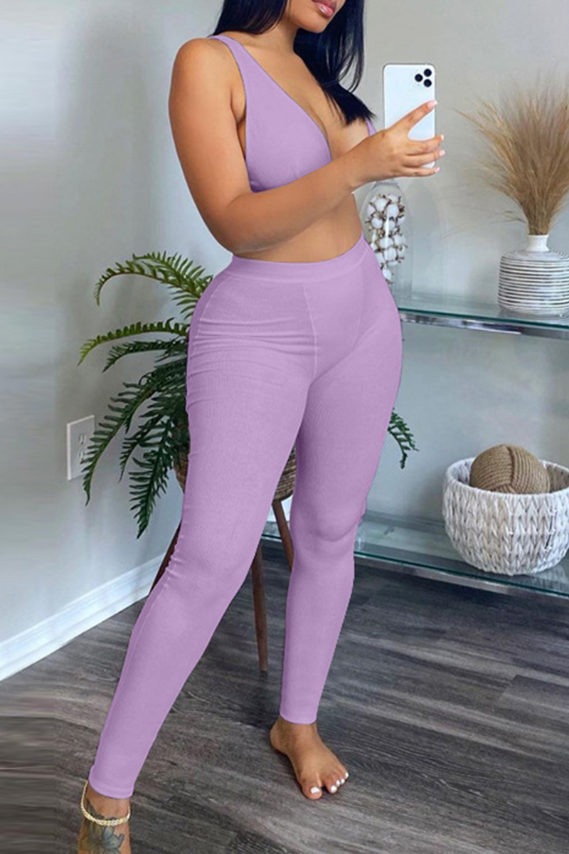 

Purple Fashion Casual Solid Vests Pants V Neck Sleeveless Two Pieces