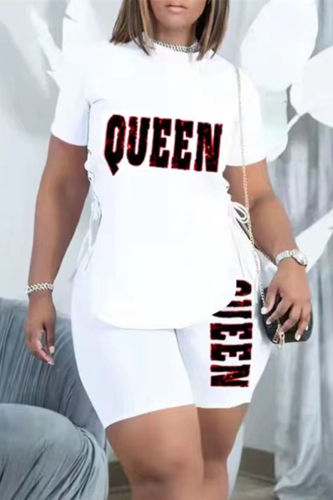White Fashion Casual Letter Print Bandage O Neck Short Sleeve Two Pieces