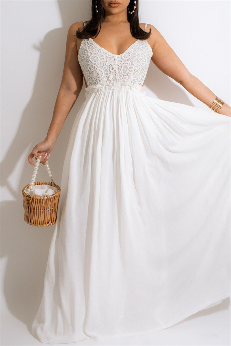 White Fashion Sexy Solid Backless Spaghetti Strap Long Dress