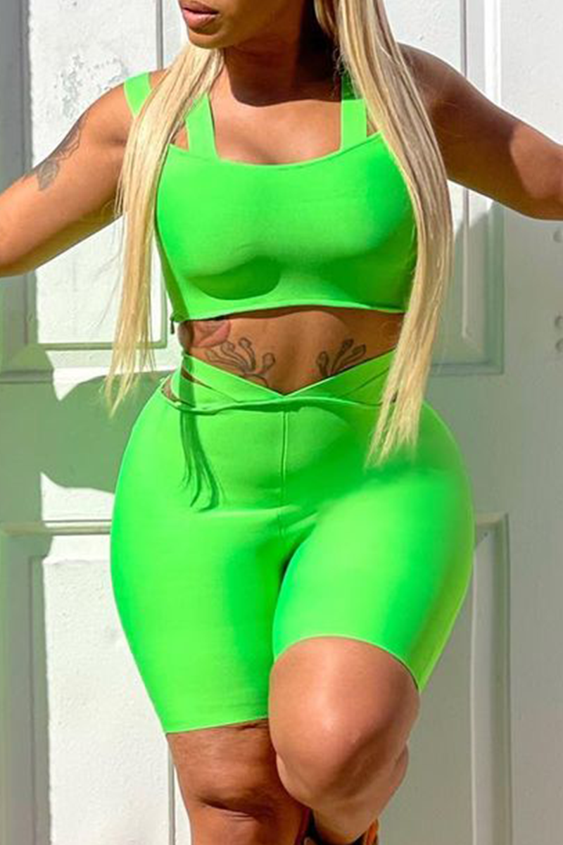 

Green Sexy Solid Split Joint Square Collar Sleeveless Two Pieces