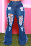 Jeans de talla grande rasgados sólidos casuales de moda azul profundo
