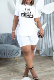 White Fashion Casual Letter Print Bandage O Neck Short Sleeve Two Pieces