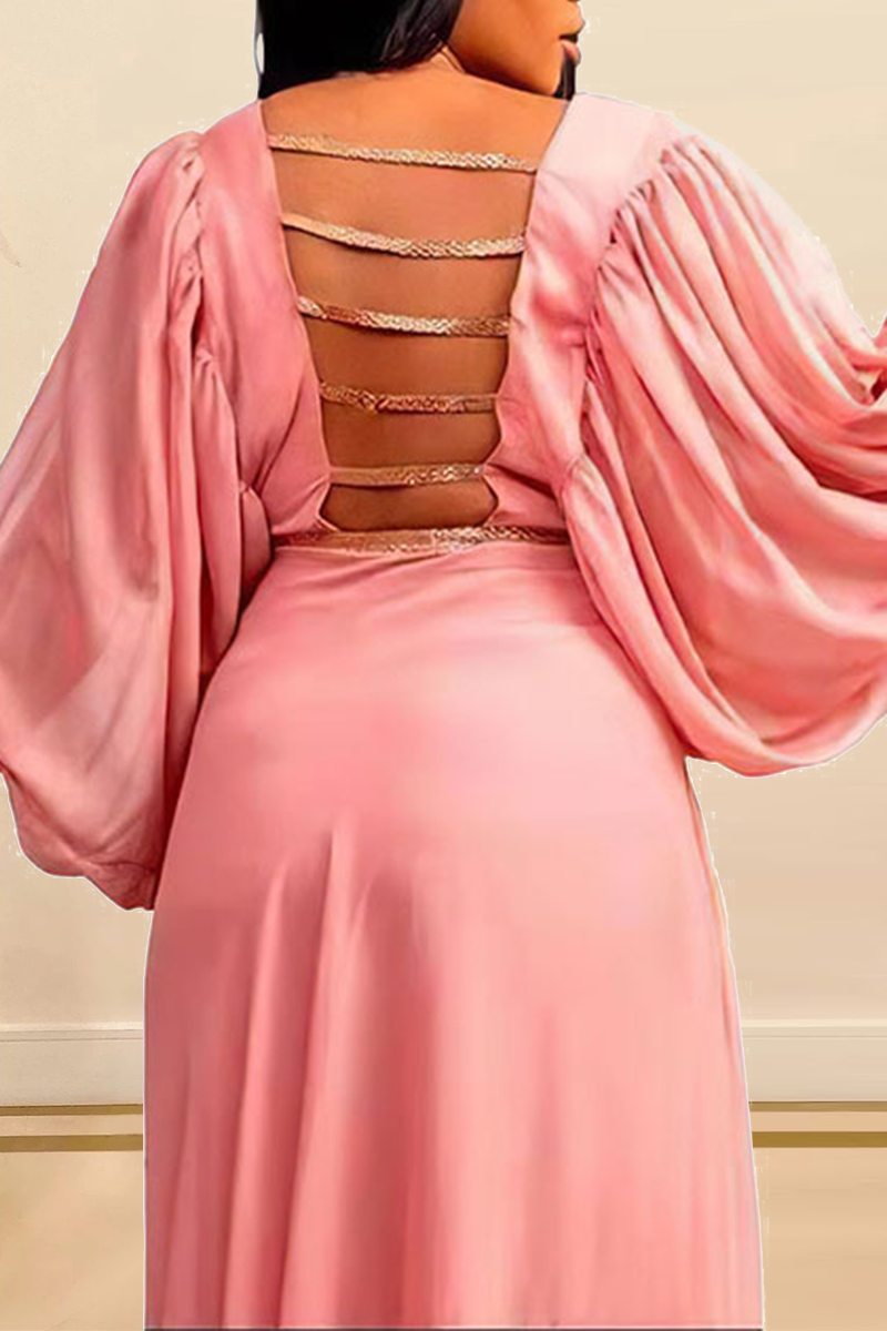 

Pink Casual Solid Backless O Neck Waist Skirt Plus Size Dresses