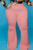 Jeans de talla grande rasgados sólidos casuales de moda rosa
