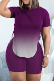 Purple Casual Gradual Change Patchwork O Neck Short Sleeve Two Pieces