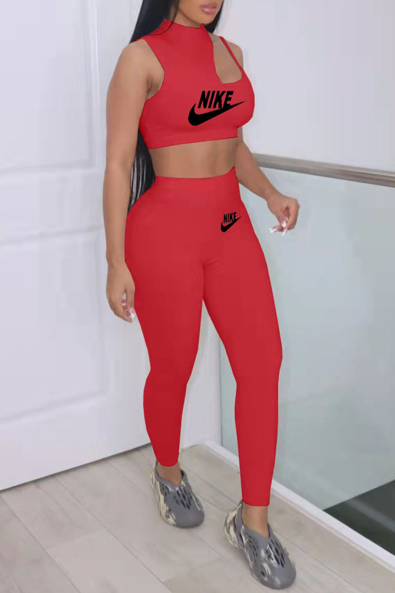 

Red Fashion Sexy Print Split Joint O Neck Sleeveless Two Pieces