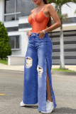 Medium Blue Fashion Casual Solid Thigh Split High Waist Regular Wide Leg Ripped Denim Jeans