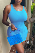 Голубое сексуальное повседневное однотонное базовое платье-майка с U-образным вырезом