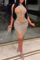 Абрикосовое модное сексуальное лоскутное горячее сверление прозрачное полуводолазное платье без рукавов