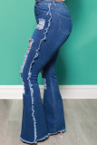 Глубокие синие модные повседневные однотонные рваные джинсы больших размеров