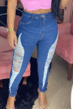 Calça jeans skinny azul fashion casual sólida rasgada cintura alta