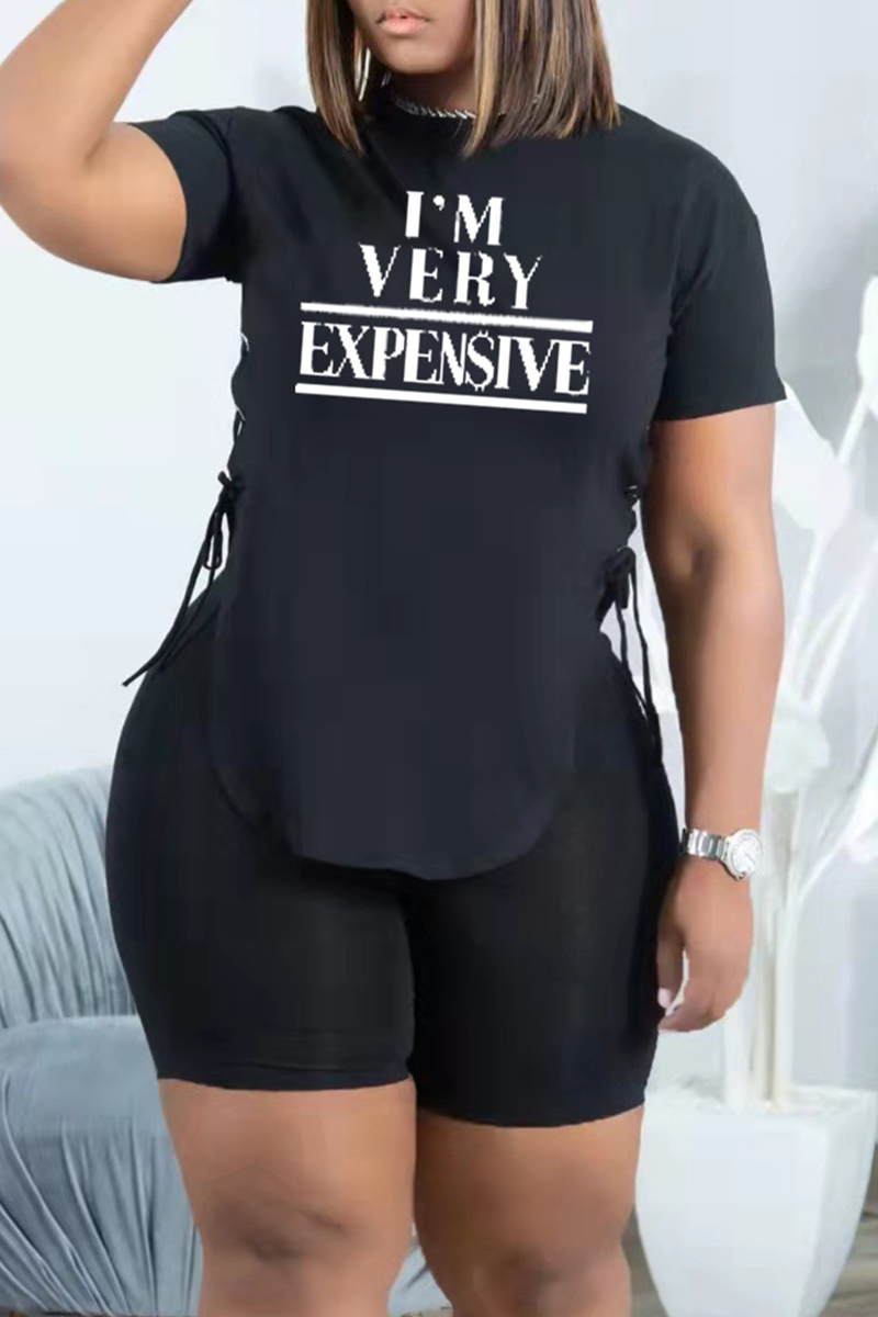 

Black Fashion Casual Letter Print Bandage O Neck Short Sleeve Two Pieces
