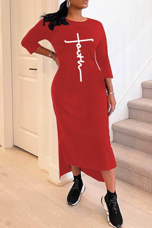 Rode mode casual print spleet O-hals onregelmatige jurk