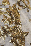 Vestidos de cuello oblicuo de patchwork de lentejuelas bordadas sexy de oro