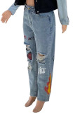 Grijze casual jeans met gescheurde patchwork en straatprint