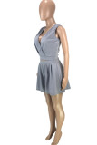 Light Blue Fashion Casual Solid Patchwork Fold V Neck Sleeveless Two Pieces