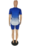 Blue Casual Gradual Change Patchwork O Neck Short Sleeve Two Pieces