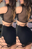 Черная мода, сексуальное лоскутное горячее сверление, выдолбленное прозрачное платье с круглым вырезом и коротким рукавом, две части