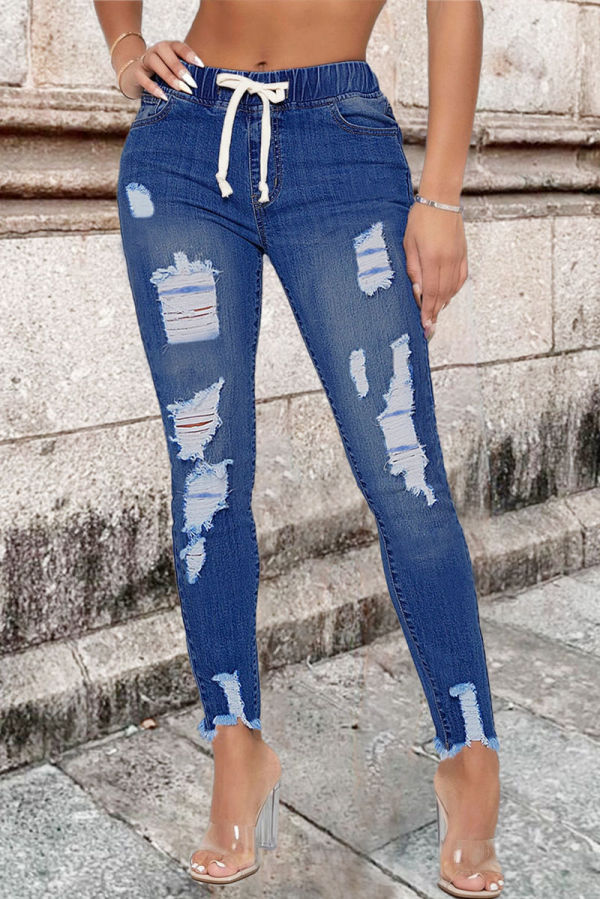 Глубокие синие модные повседневные однотонные рваные джинсы скинни с высокой талией