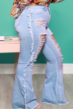 ディープブルーファッションカジュアルソリッドリップドプラスサイズジーンズ
