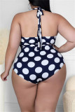 Deep Blue Fashion Sexy Dot Print Bandage Backless Halter Plus Size Swimwear