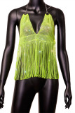 Флуоресцентные зеленые модные сексуальные топы в стиле пэчворк с кисточками и открытой спиной