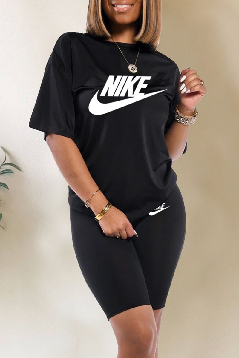

Black Fashion Sportswear Print Letter O Neck Short Sleeve Two Pieces