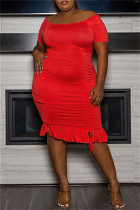 Robe à la mode décontractée grande taille bandage solide cordon de tirage pli O cou manches courtes rouge