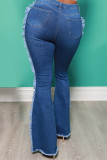 Diepblauwe mode casual effen gescheurde grote maat jeans