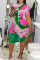 Lila Mode Casual Print Tie-dye O Neck kortärmad klänning