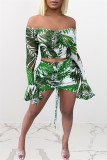 Groene Mode Sexy Print Doorzichtige Backless Off-shoulder Lange Mouw Twee Stukken