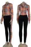 Earth Yellow Casual Plaid Print Patchwork Hooded Collar Long Sleeve Two Pieces