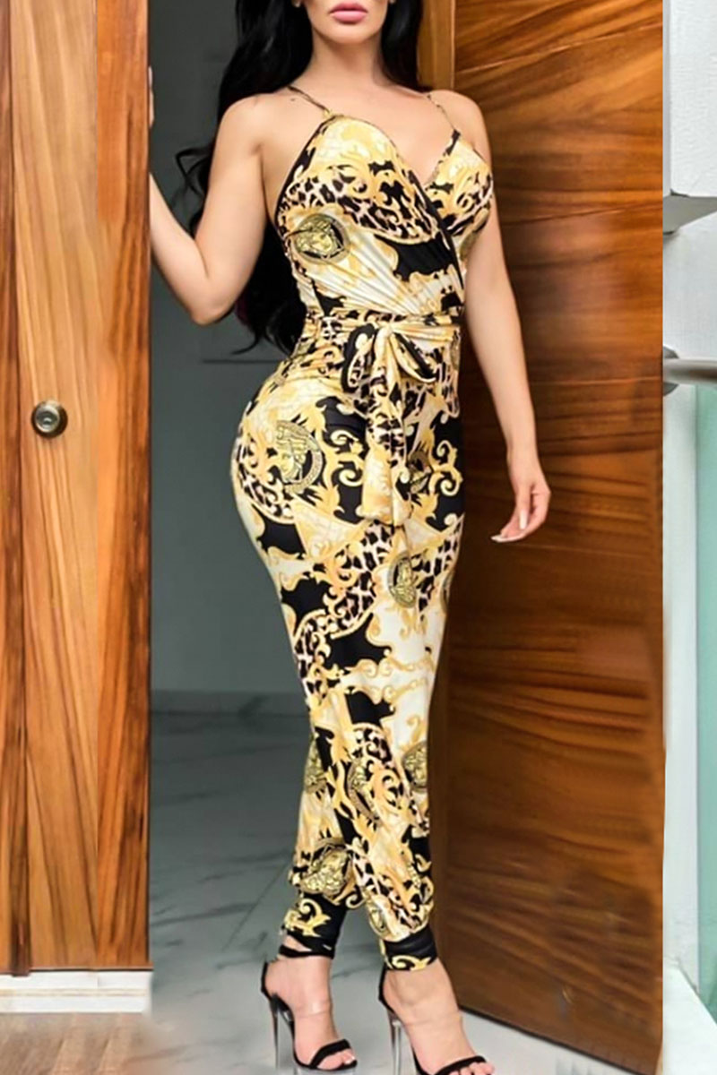 

Gold Fashion Casual Print Split Joint Spaghetti Strap Jumpsuits