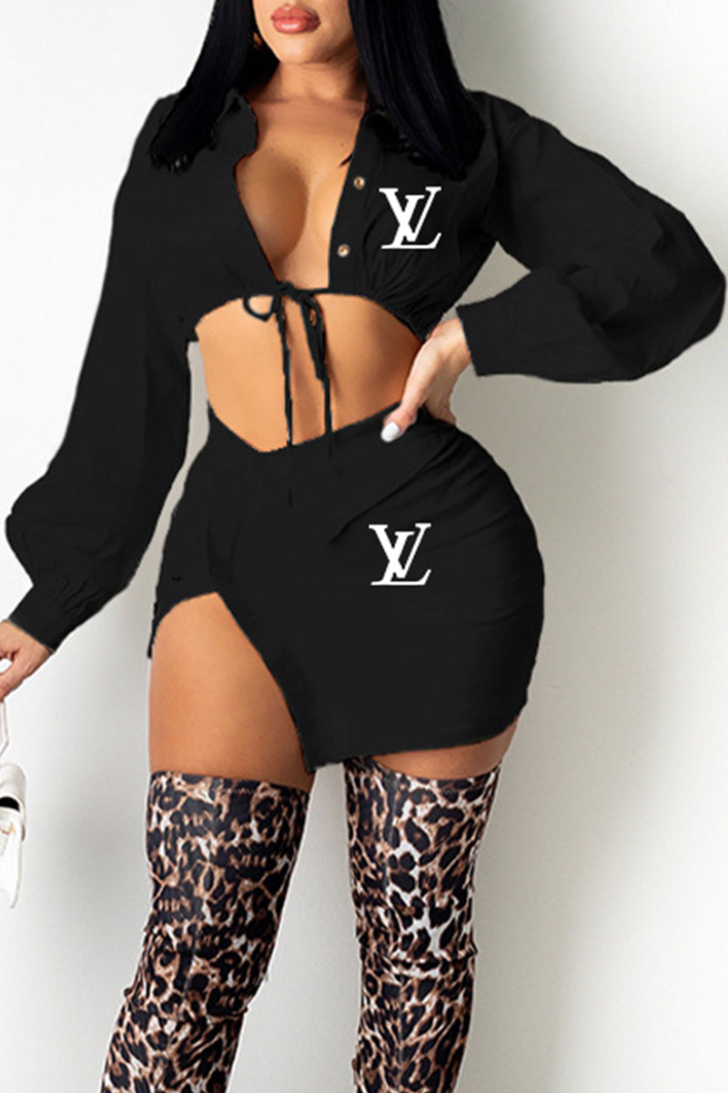 

Black Fashion Casual Print Letter Turndown Collar Long Sleeve Two Pieces