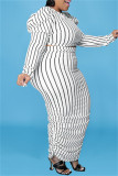 White Fashion Casual Striped Print Fold O Neck Plus Size Two Pieces