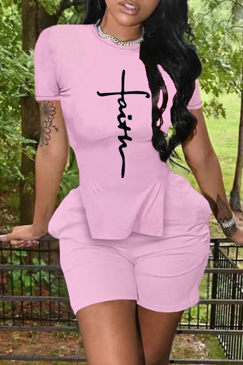 

Pink Fashion Casual Print Slit O Neck Short Sleeve Two Pieces