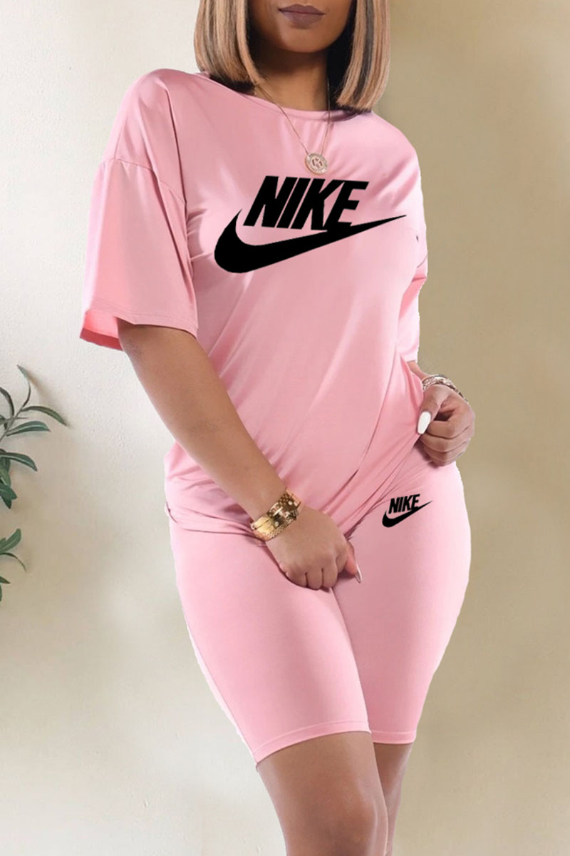 

Pink Fashion Sportswear Print Letter O Neck Short Sleeve Two Pieces