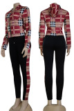 Red Casual Plaid Print Patchwork Hooded Collar Long Sleeve Two Pieces